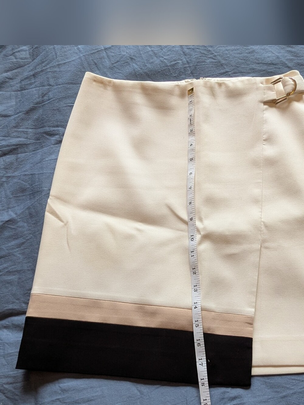 Cream Colorblock Mini Skirt with Black Hem and Gold Buckle